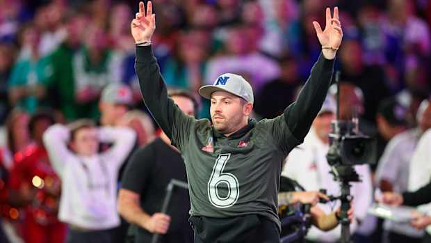 Feb 1, 2024; Orlando, FL, USA; Tampa Bay Buccaneers quarterback Baker Mayfield (6) participates in the NFL Pro Bowl Skills Competition at the UCF NIcholson Fieldhouse.